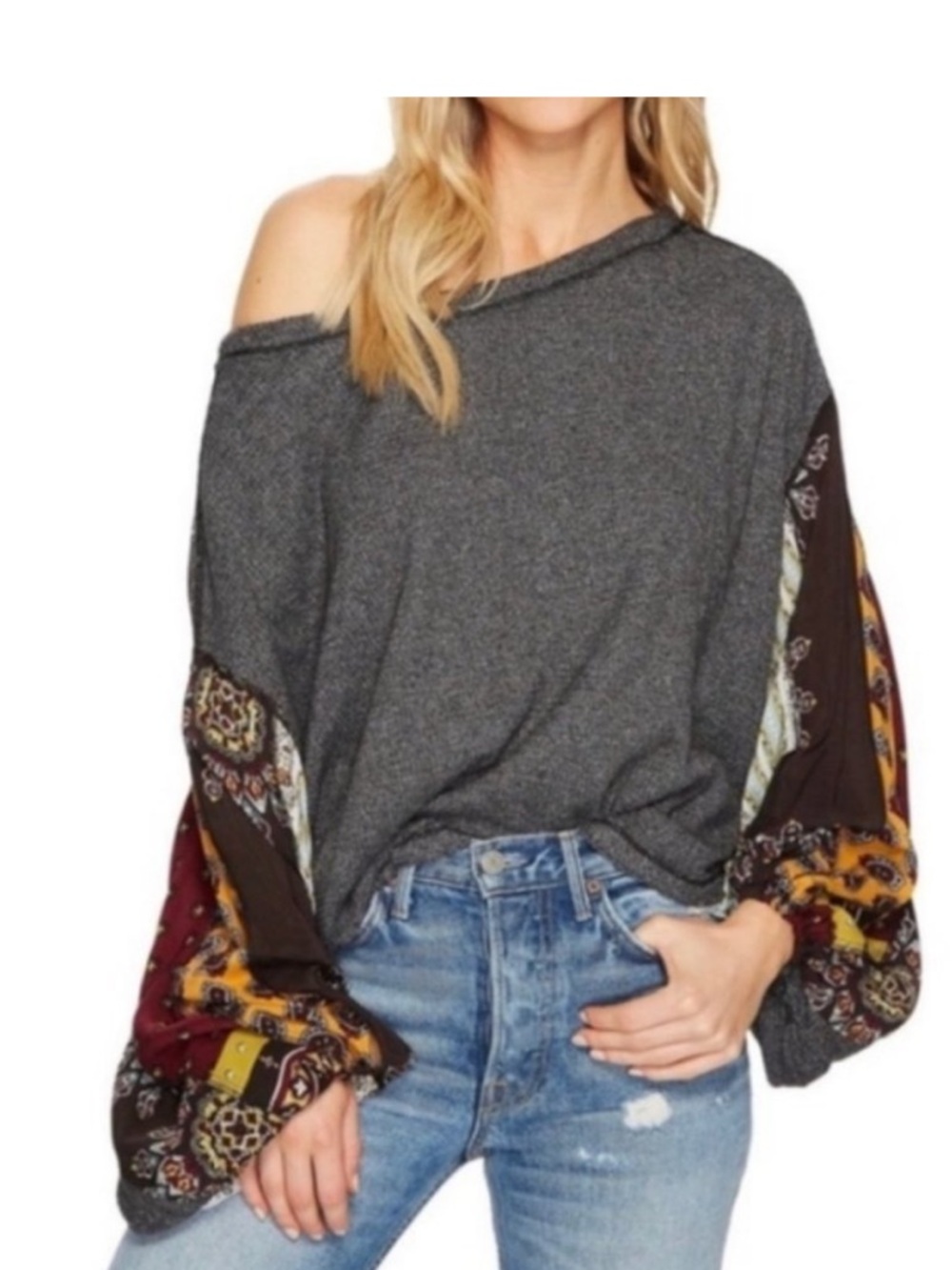 We The Free Blossom Thermal Patchwork Balloon Sleeve Top, Size Small